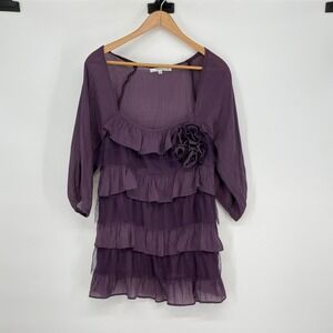 Purple Tunic Top Ruffle Trimmed Floral Detail 3/4 Sleeve Size M Whimsigoth Fairy